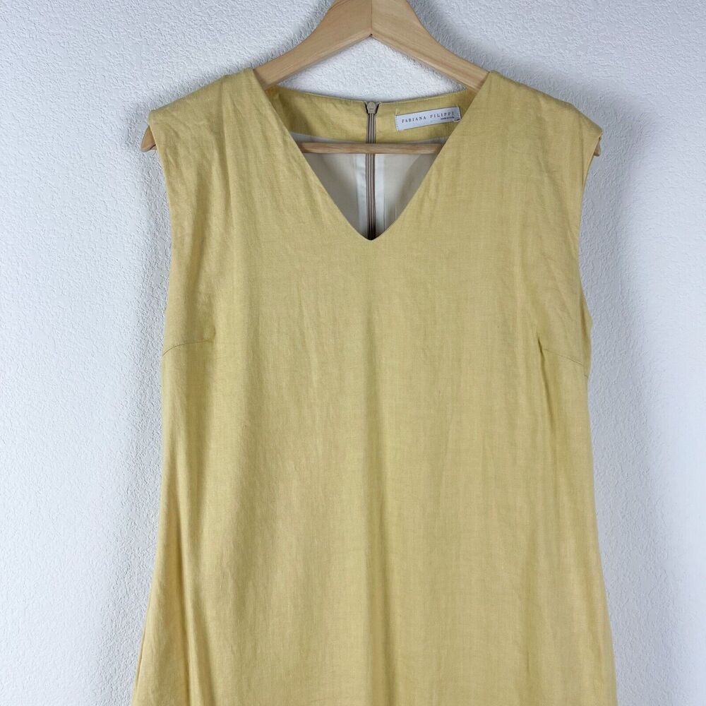 Fabiana Filippi Linen Blend Dress Womens XS Yellow Midi Sleeveless V-Neck Italy - Picture 2 of 15